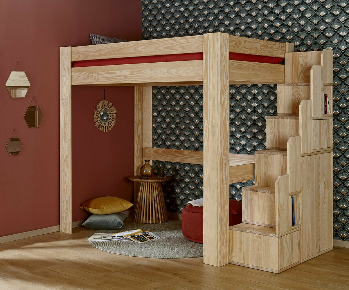 Lit mezzanine enfant avec escalier Naolo Bois naturel 90x190 cm