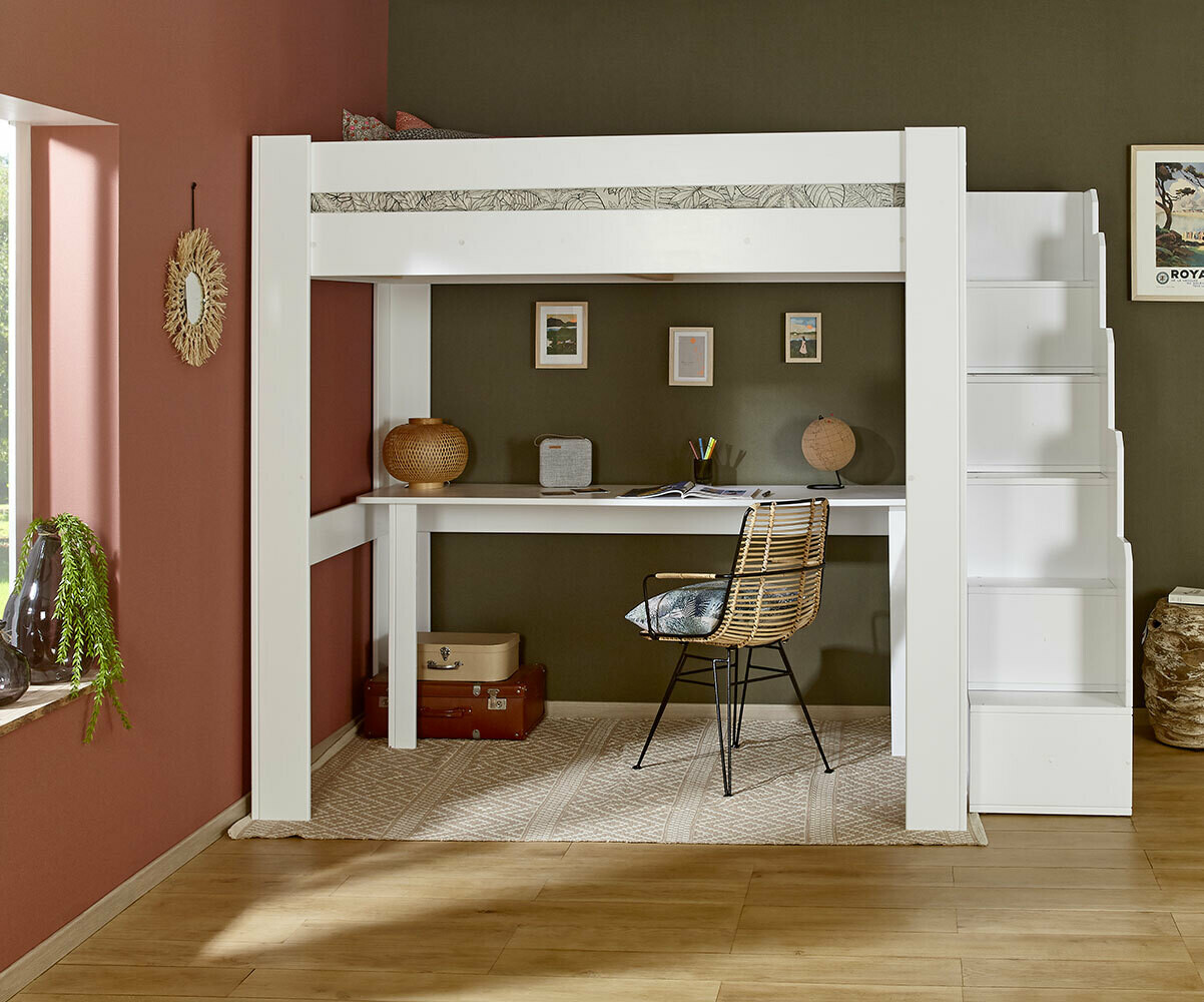 Lit Mezzanine Enfant 90x200 Avec Bureau, Armoire Et Escalier Rangement - Blanc, Bois Massif, Charge 136 Kg