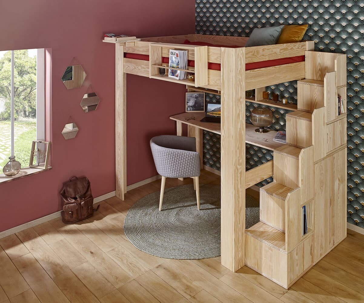 Lit mezzanine adulte avec escalier Naolo Bois naturel 90x190 cm