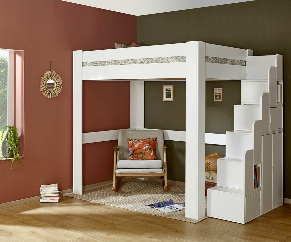 Lit mezzanine enfant 2 places avec escalier Naolo Blanc 120x190 cm