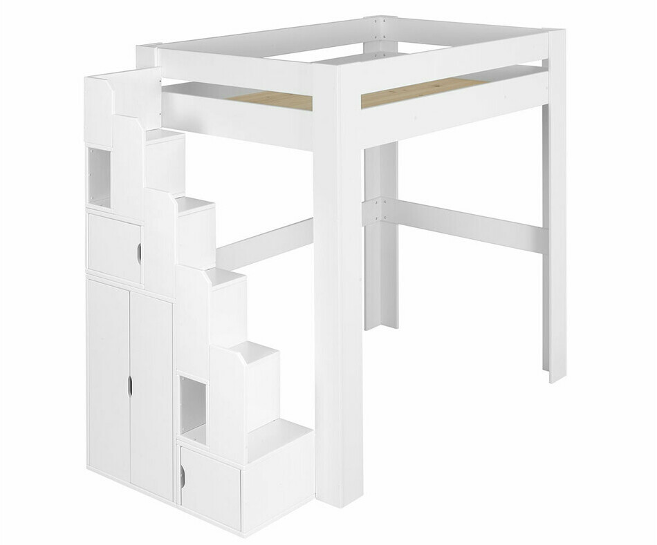Lit mezzanine Naolo avec escalier ado blanc en bois massif