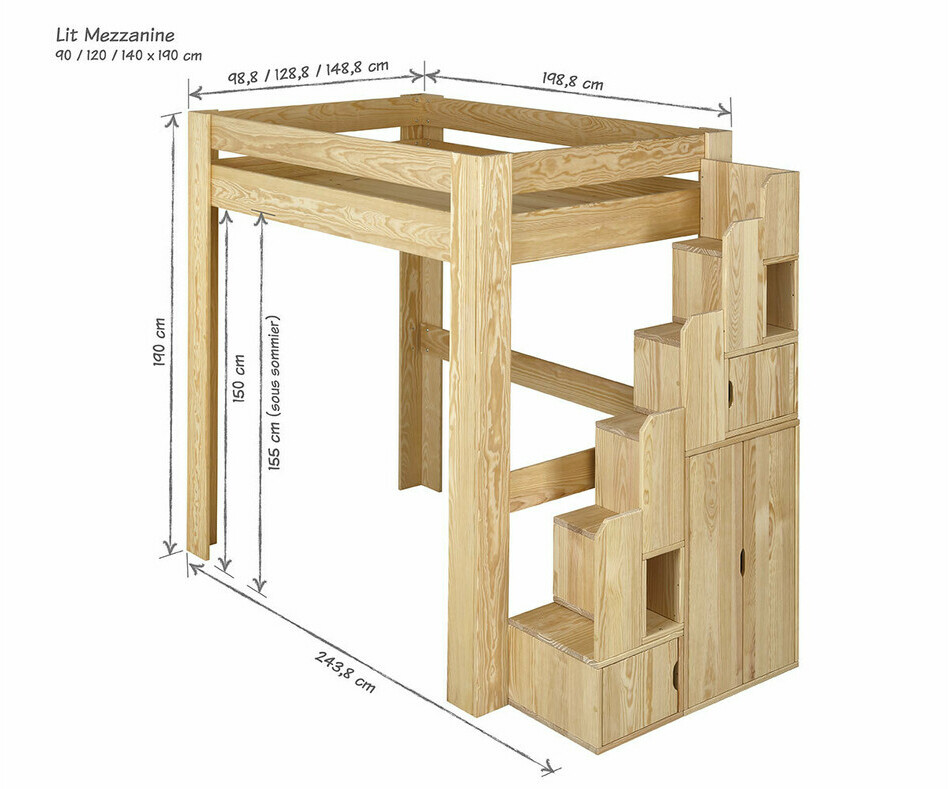 Dimensions lit mezzanine avec module escalier 
