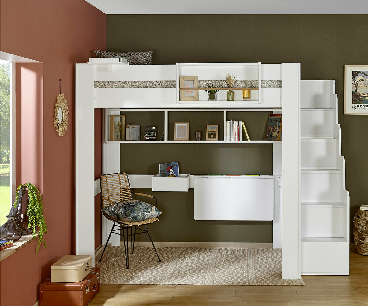 Lit mezzanine ado 2 places avec escalier Naolo Blanc 120x190 cm