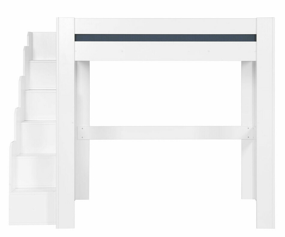 Lit mezzanine escalier Naolo 1 place en bois massif. Coloris blanc 