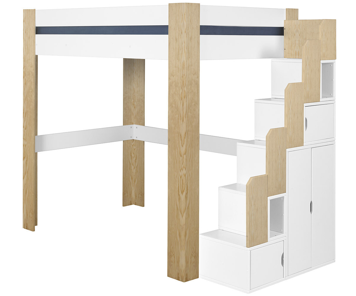 Lit mezzanine ado 2 places avec escalier et matelas Naolo Blanc et bois 120x190 cm