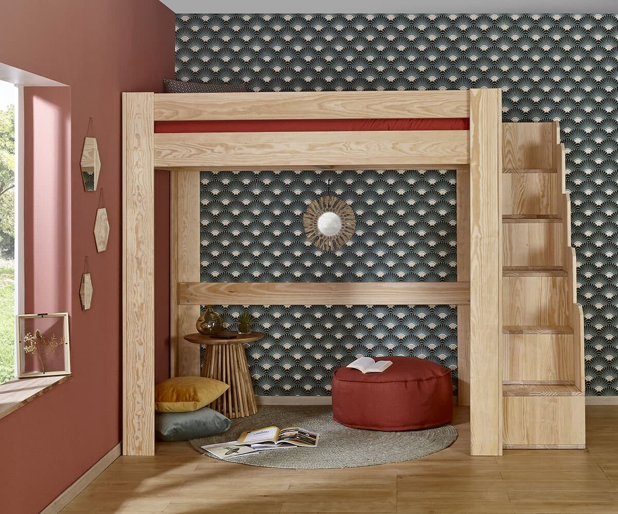 Lit mezzanine adulte 2 places avec escalier et matelas Naolo Bois naturel 140x190 cm