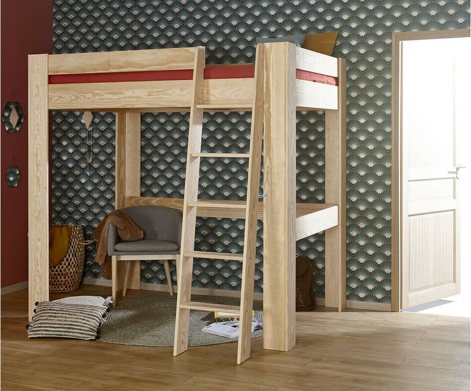 Lit mezzanine 2 places  avec échelle adulte Naolo bois naturel