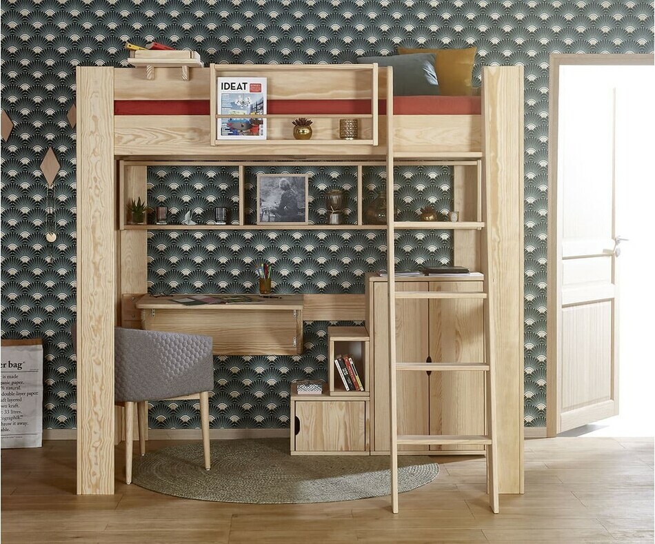Lit mezzanine2 places avec échelle adulte Naolo bois naturel et bureau suspendu en option 