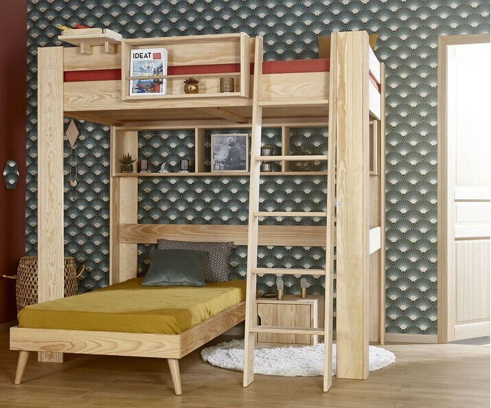 Lit mezzanine 2 places avec échelle adulte Naolo bois naturel avec lit 