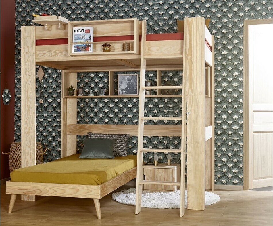 Lit mezzanine 2 places avec échelle adulte Naolo bois naturel avec lit 