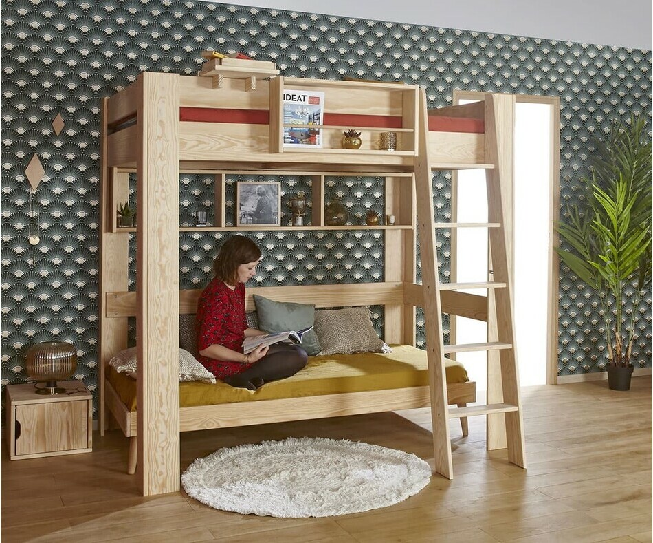 Lit mezzanine adulte 2 places avec échelle Naolo bois naturel avec banquette en option