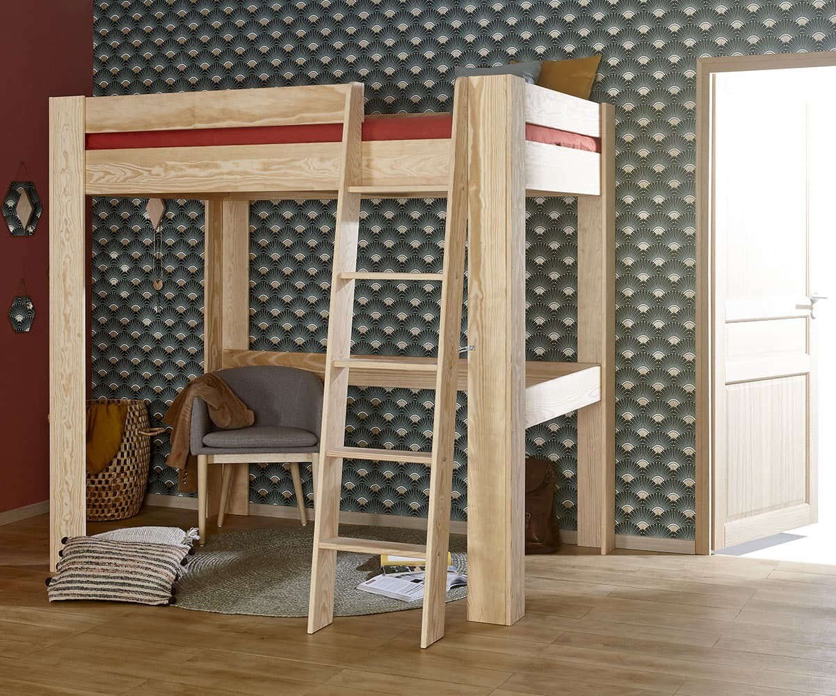 Lit mezzanine adulte avec matelas Naolo Bois naturel 90x190 cm/Opt:Matelas Airfresh 15 cm