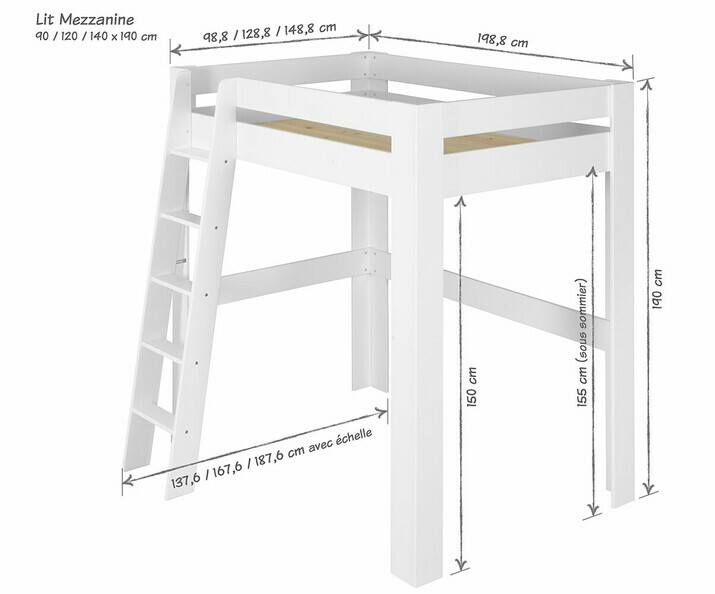 Dimension lit mezzanine Naolo adulte avec échelle