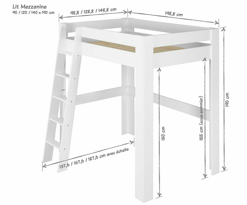 Dimension lit mezzanine Naolo adulte avec échelle