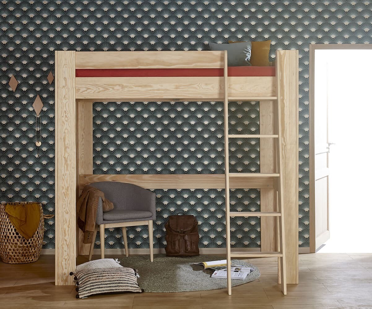 Lit mezzanine enfant 2 places avec matelas Naolo Bois naturel 120x190 cm
