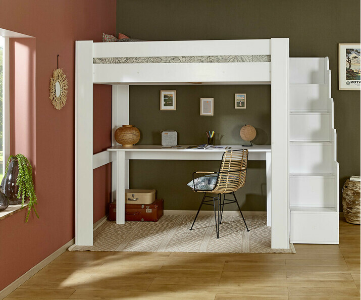 Lit Mezzanine Enfant 140x200 Cm - Bois Chêne Et Métal Blanc, Barrières De Sécurité, échelle Antidérapante