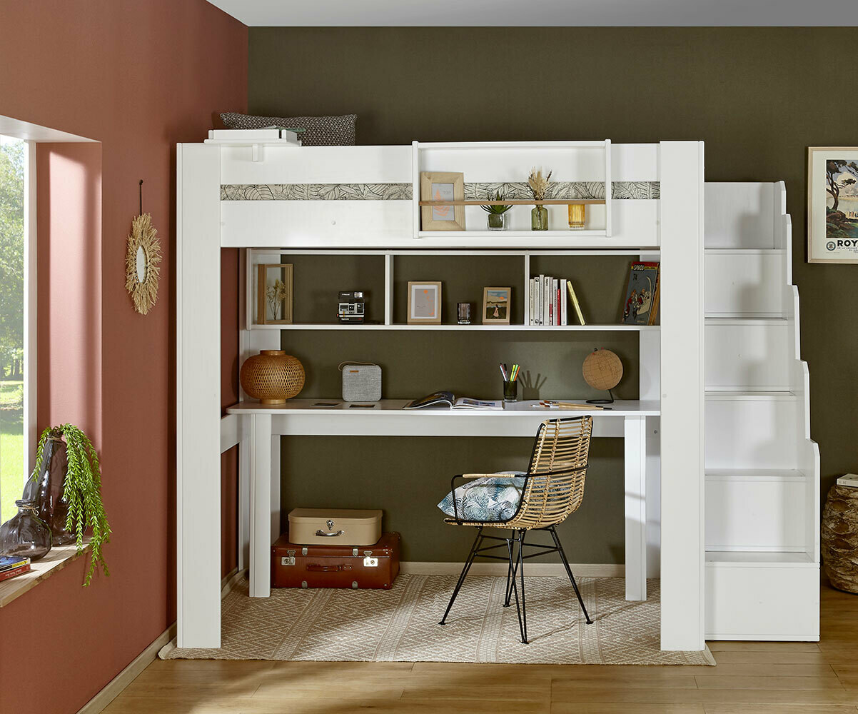Lit mezzanine enfant 2 places avec escalier et bureau Naolo Blanc 120x190 cm