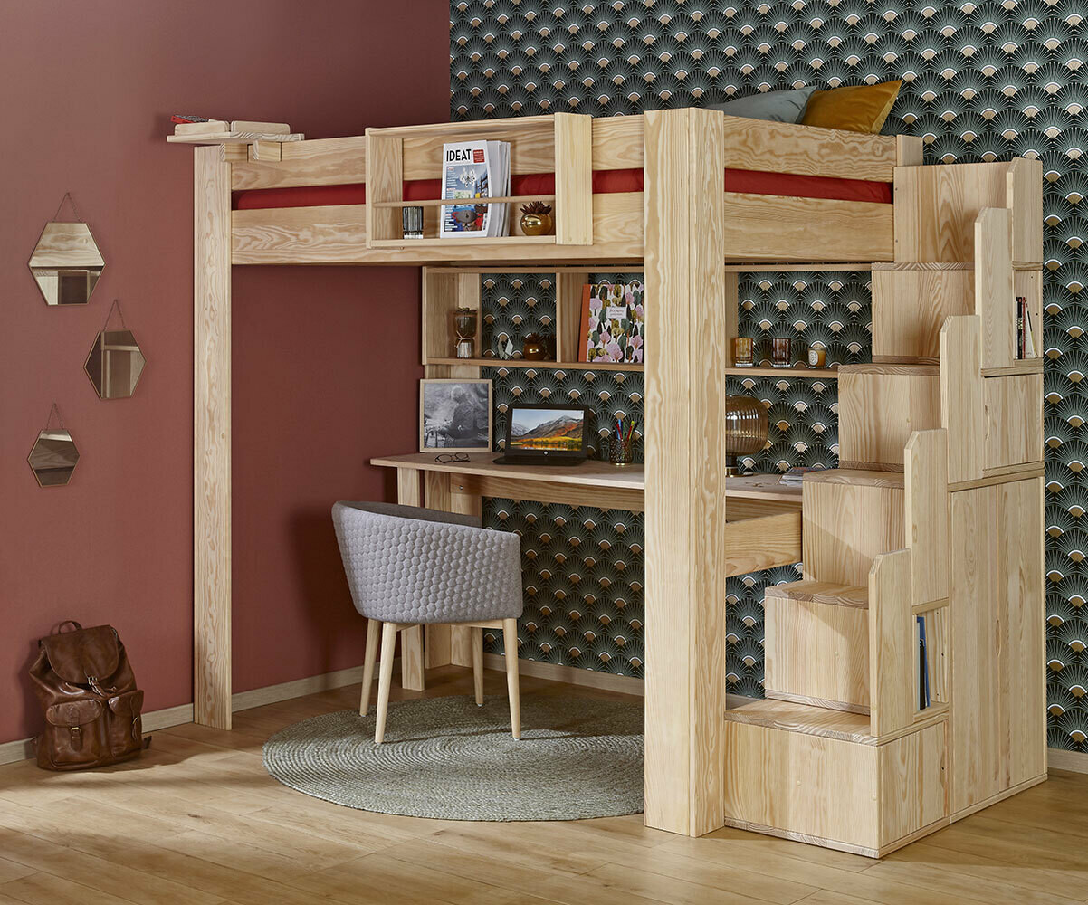 Lit mezzanine ado 2 places avec escalier et bureau Naolo Bois naturel 120x190 cm