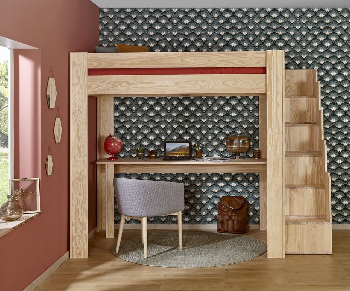 Lit mezzanine adulte 2 places avec escalier et bureau Naolo Bois naturel 120x190 cm