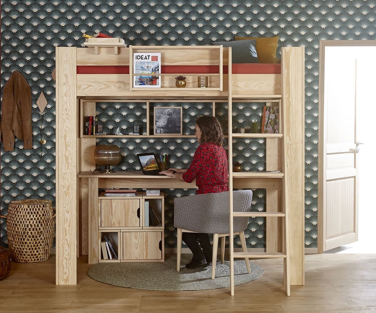 Lit mezzanine adulte 2 places avec bureau Naolo Bois naturel 120x190 cm