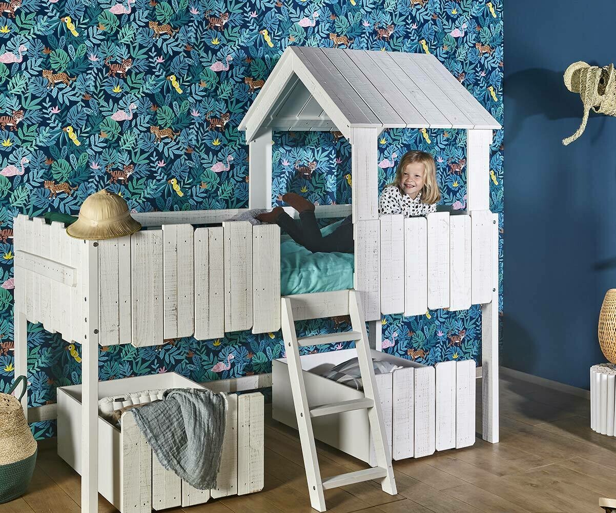 Lit cabane enfant avec tiroirs Swam Blanc 90x190 cm
