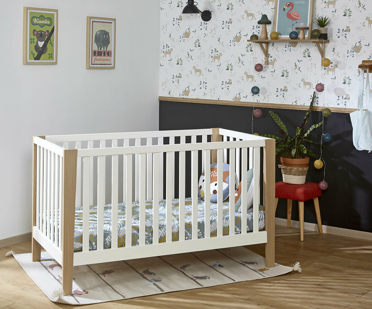 Lit bébé avec matelas Ivo Blanc et bois 70x140 cm