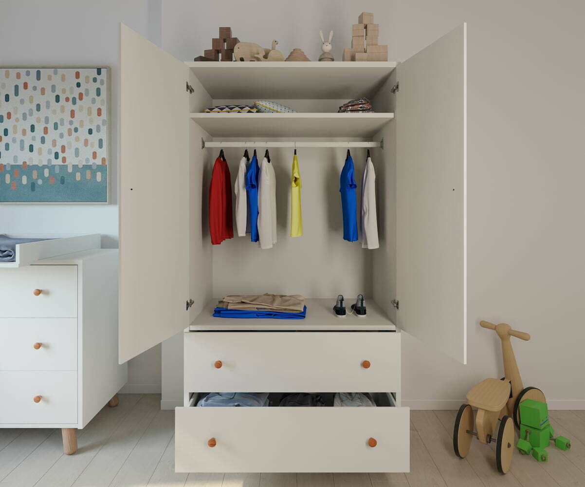 Armoire Bébé 2 portes et 2 tiroirs - Alma. Coloris Blanc et pieds Bois