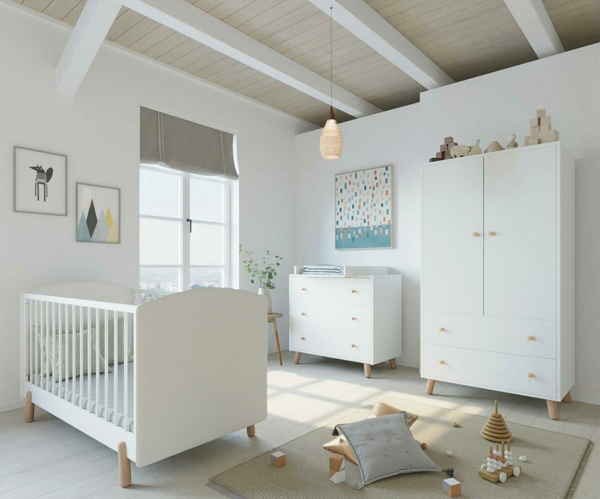 Armoire Bébé 2 portes et 2 tiroirs - Alma. Coloris Blanc et pieds Bois