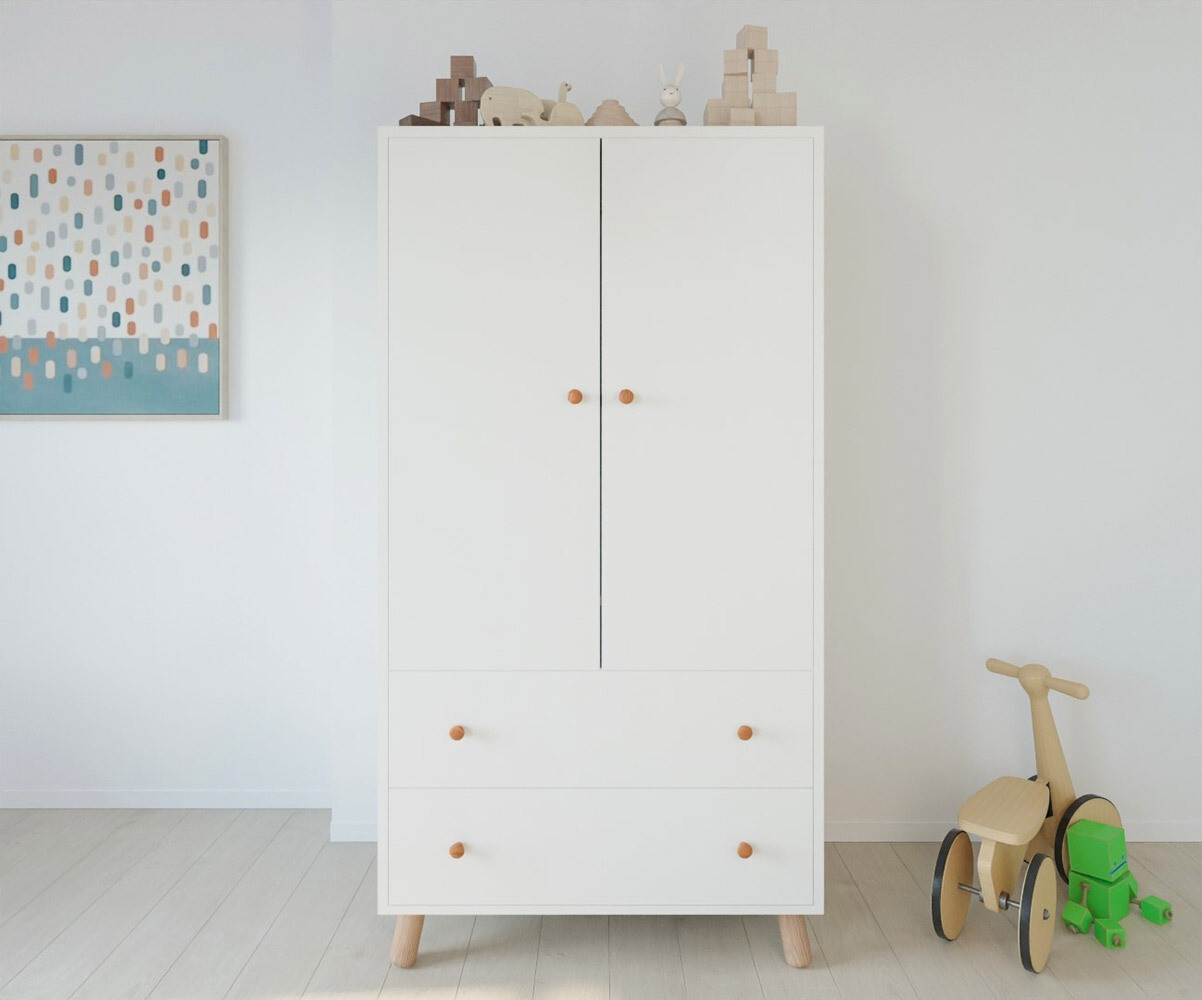 Armoire Bébé 2 portes et 2 tiroirs - Alma. Coloris Blanc et pieds Bois