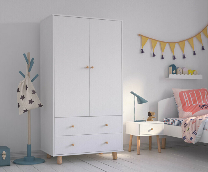 Armoire Enfant Rimi 2 portes avec penderie. Bois Massif. 2 coloris