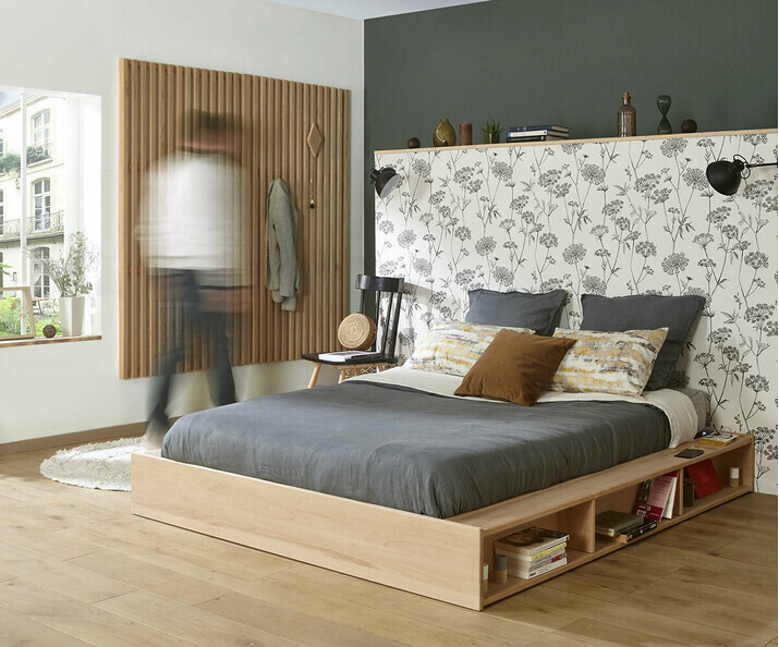 Lit adulte avec sommier et matelas Dune. Couchage double. Bois Massif