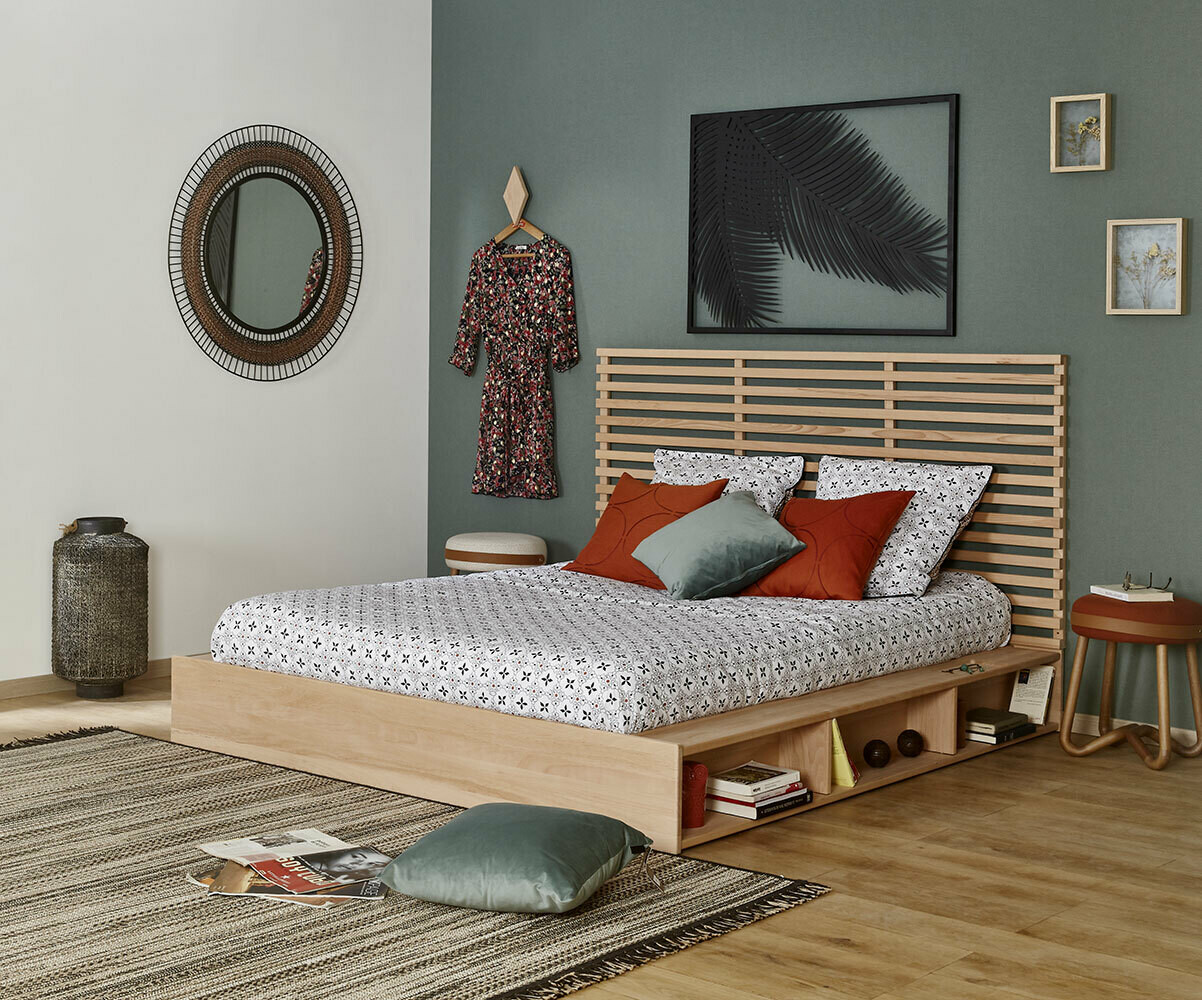 Lit ado avec sommier et tête de lit Dune Bois naturel 140x190 cm/Opt:Tête de lit 174 cm