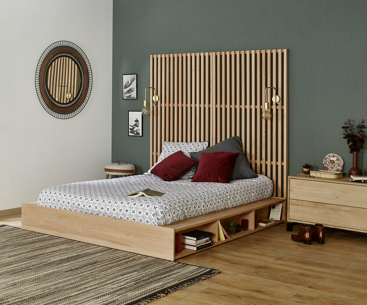 Lit ado avec sommier et tête de lit haute Dune Bois naturel 160x200 cm