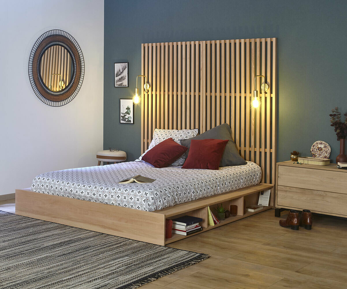Lit adulte avec sommier et tête de lit haute Dune Bois naturel 140x190 cm