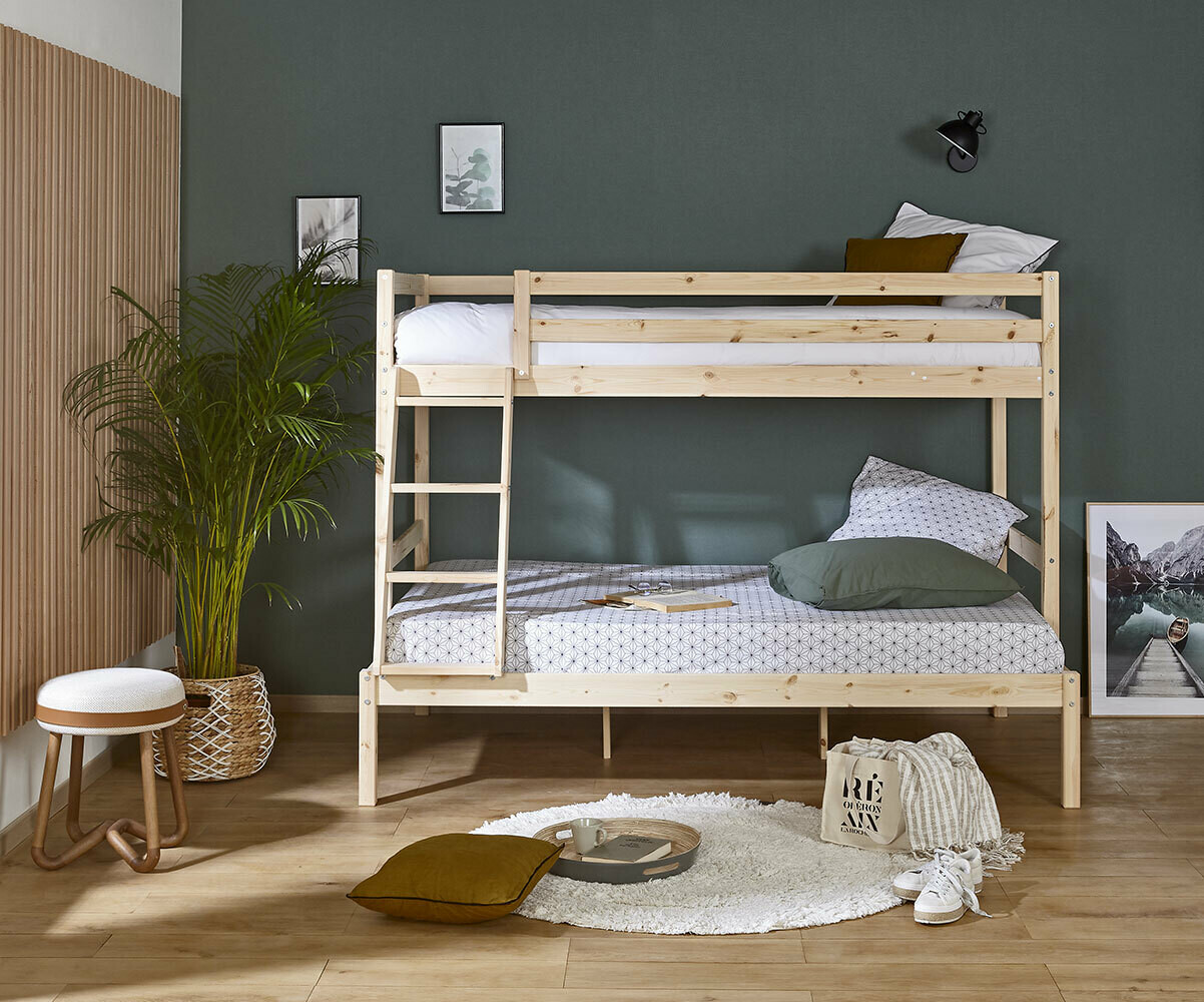 Lit superposé enfant 3 places avec matelas Elna Bois naturel 90-120x190 cm/Opt:Matelas Airfresh 15 cm
