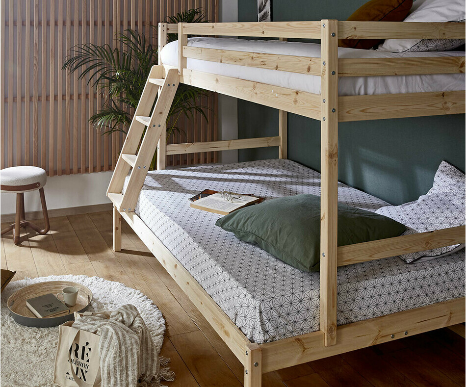 Détail lit superposé Elna bois naturel avec matelas