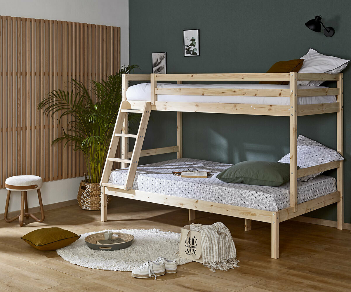 Lit superposé adulte 3 places avec matelas Elna Bois naturel 90-120x190 cm/Opt:Matelas Airfresh 15 cm