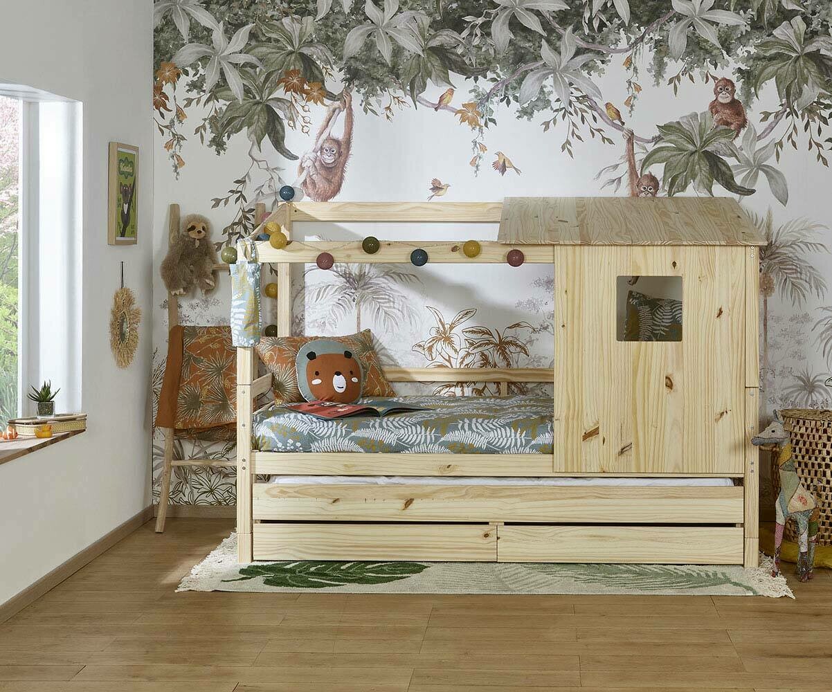 Lit cabane gigogne enfant avec 2 matelas April Bois naturel 90x200 cm