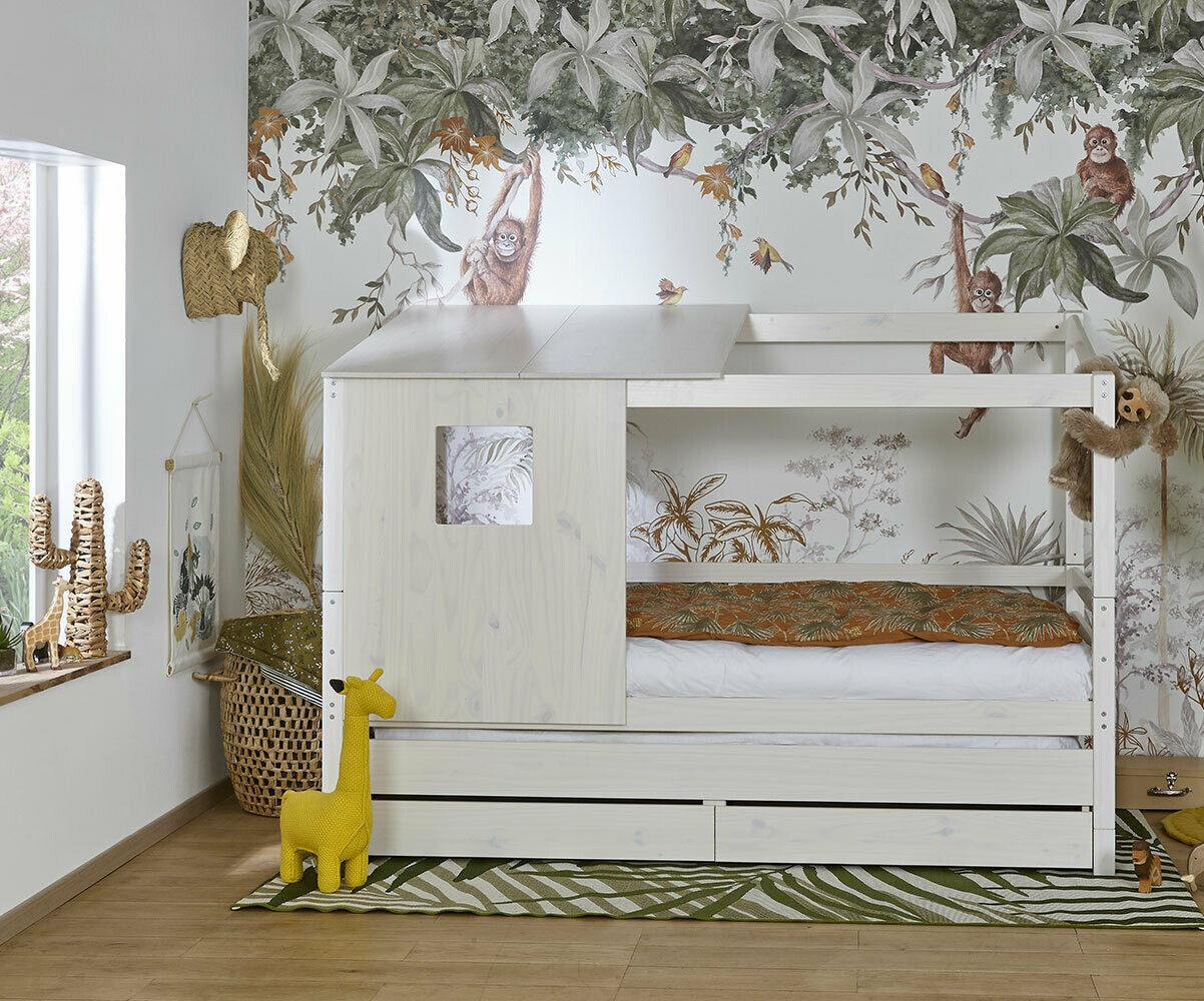 Lit cabane gigogne enfant avec 2 matelas April Blanc 90x200 cm