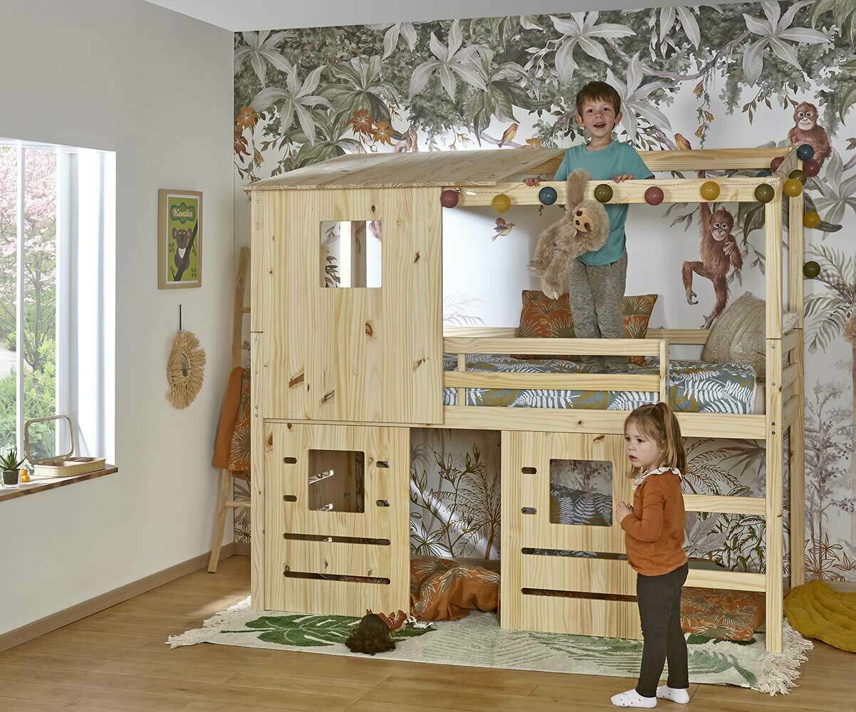 Lit cabane mi-hauteur April Bois naturel 90x200 cm