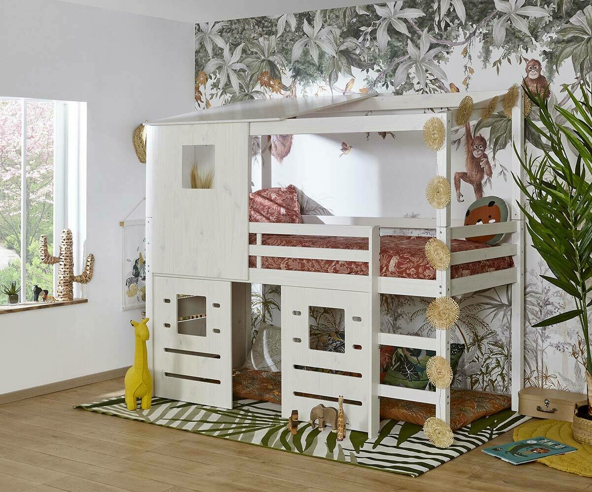 Lit cabane mi-hauteur avec matelas April Blanc 90x200 cm/Opt:Matelas Norway 13 cm