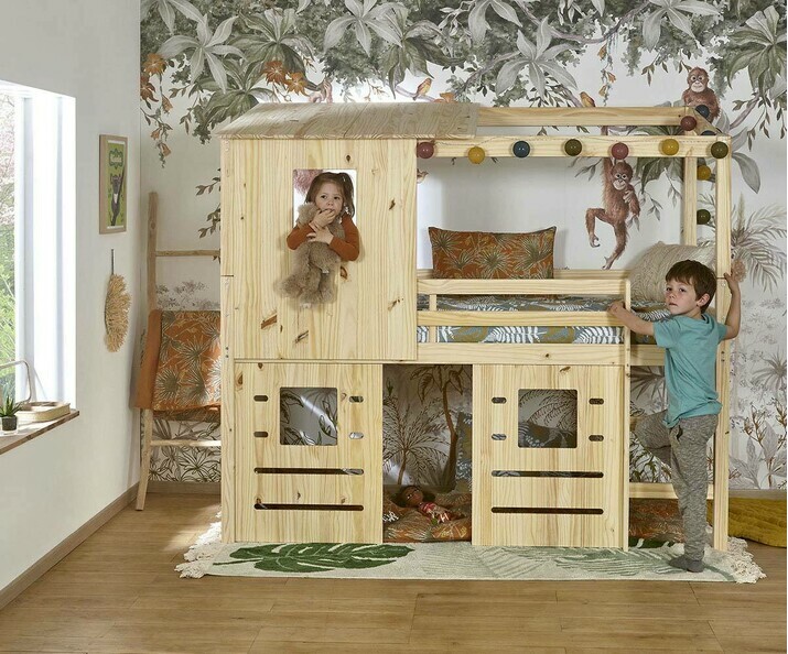 Lit enfant mi-hauteur Tamis avec bureau et rangement en bois massif