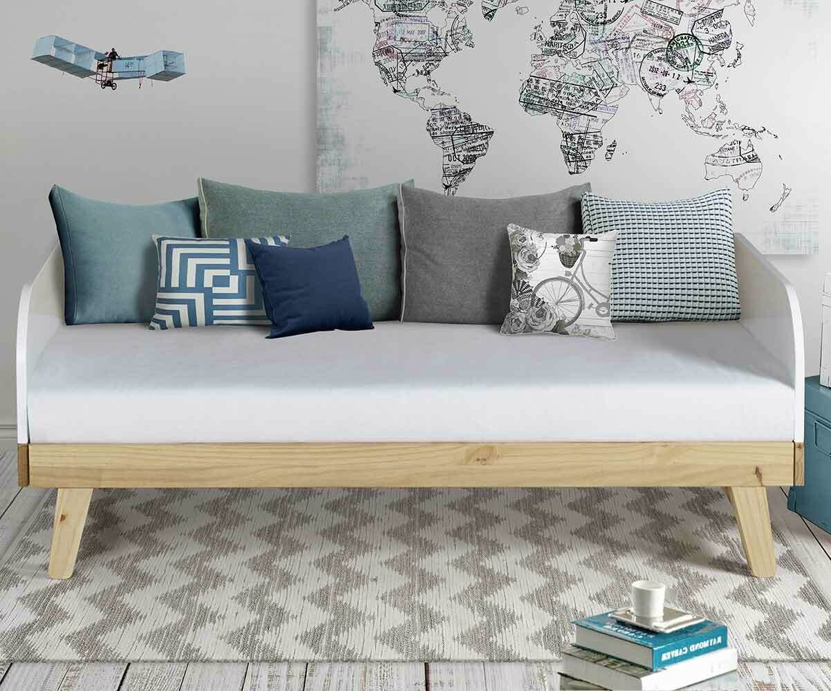 Lit gigogne banquette enfant avec matelas Samba Blanc et bois 80x200 cm