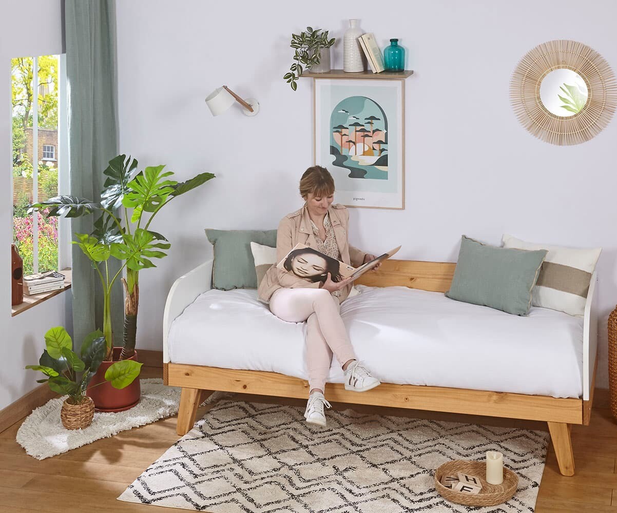 Lit gigogne adulte avec matelas Samba Blanc et bois 80x200 cm