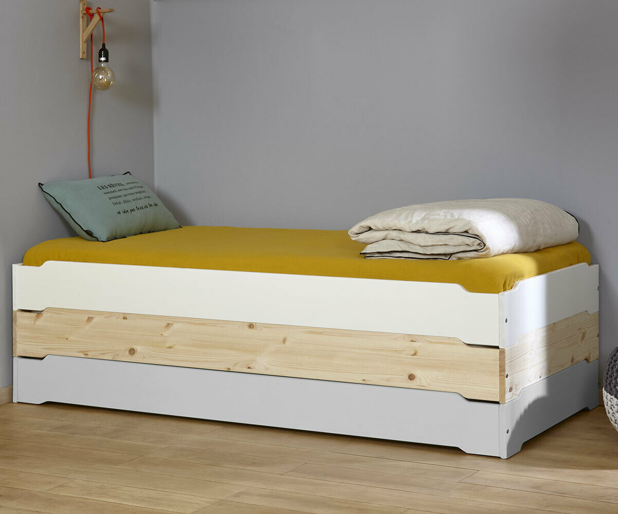 Lit adulte empilable avec sommier et matelas Happy Bois naturel 90x190 cm/Opt:3 lits