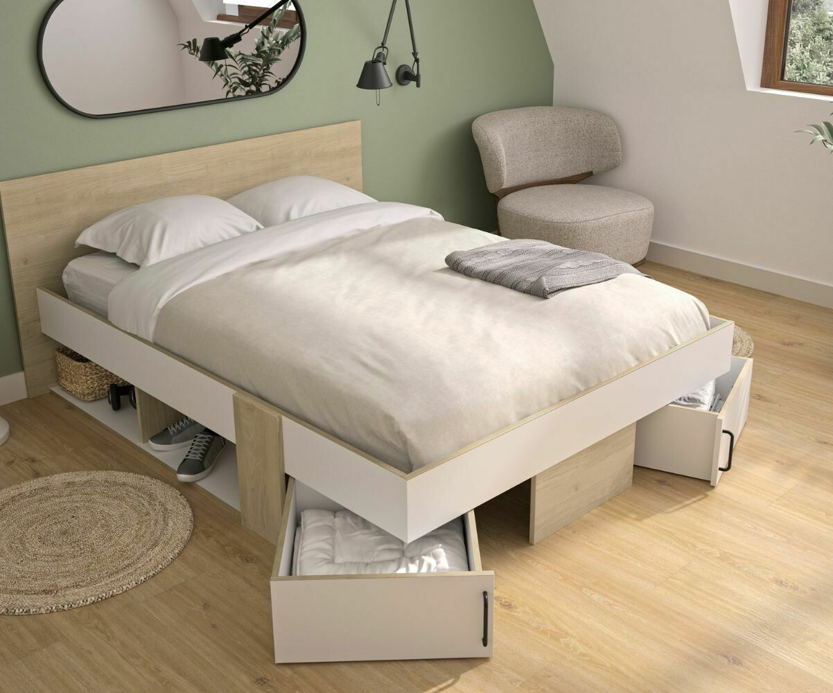 Lit adulte avec sommier et matelas Lulo Blanc et bois 140x190 cm