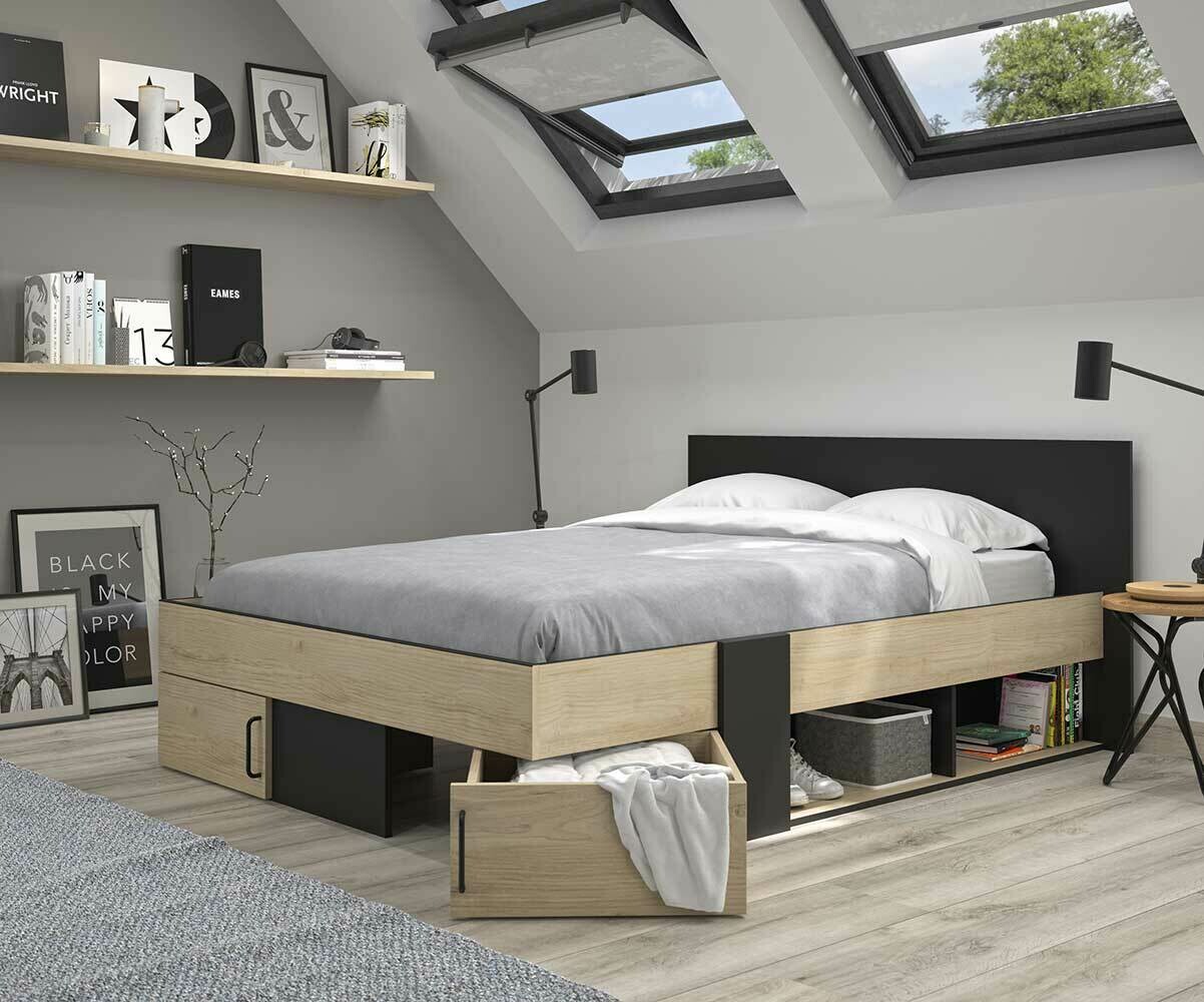 Lit adulte avec sommier et matelas Lulo Noir et bois 160x200 cm