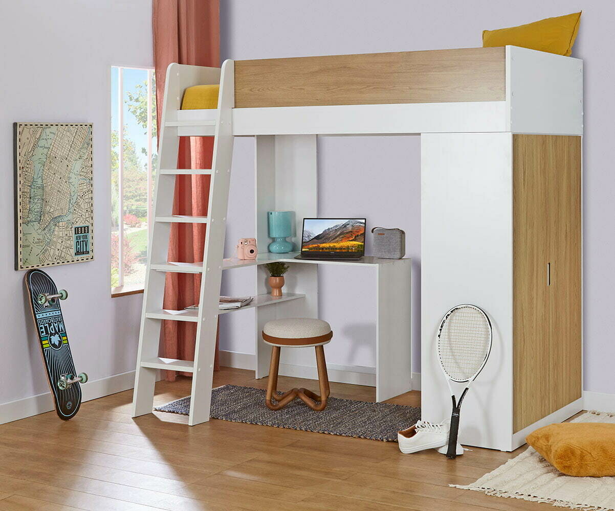 Lit mezzanine ado avec armoire Azou Blanc et bois 90x190 cm