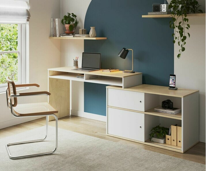 Bureau ado Bomy, en panneaux de fibres avec décor blanc et chêne