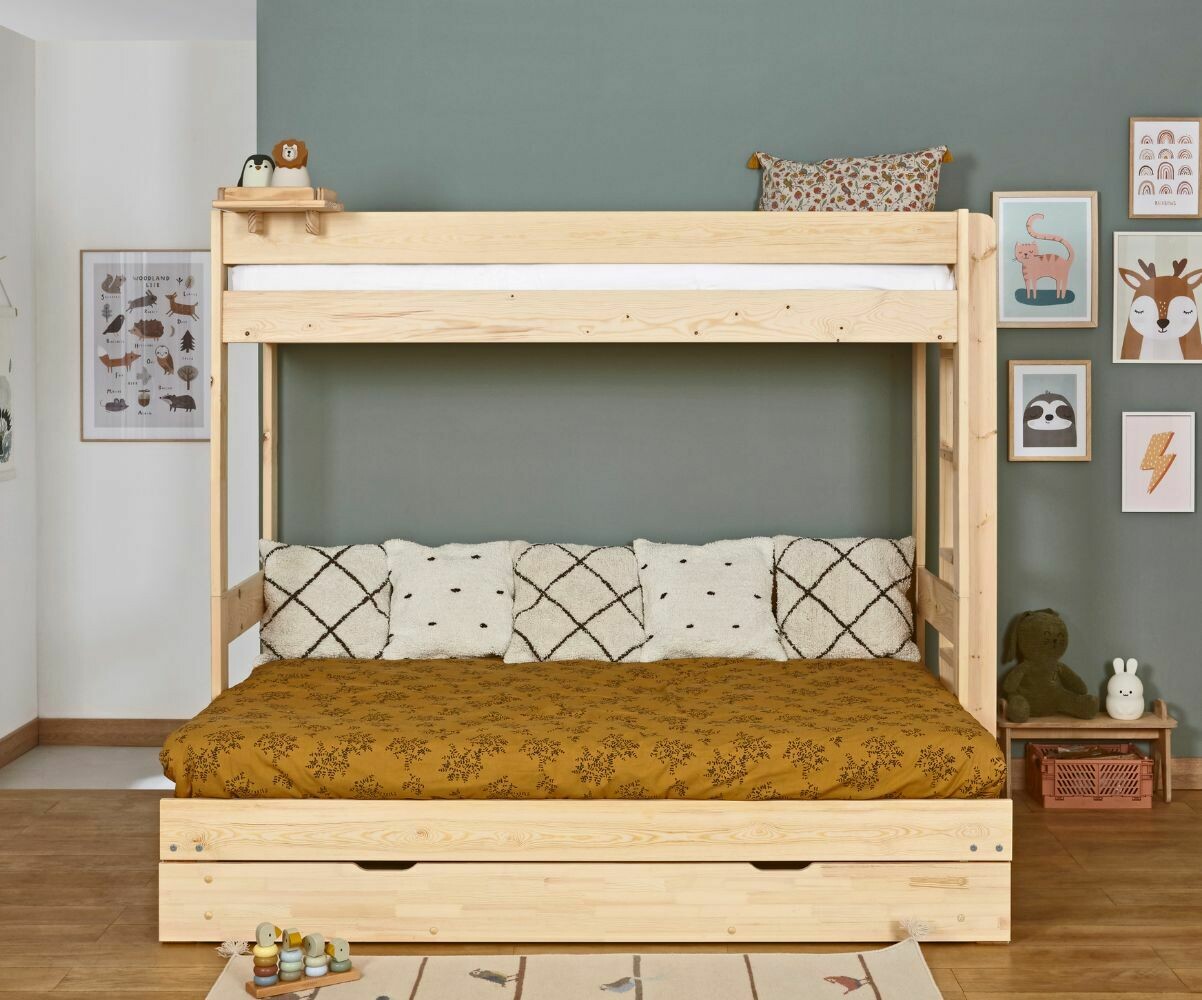 Lit superposé gigogne enfant 3 places Hikari Bois naturel 80x200 cm
